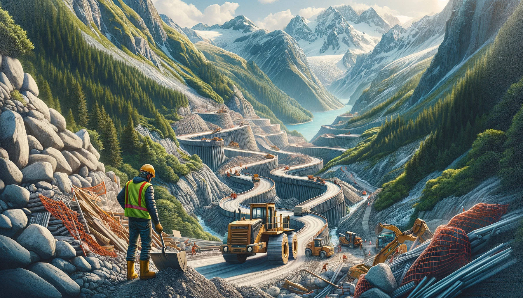Road workers working on curved roads in a mountainous area with a light blue lake.