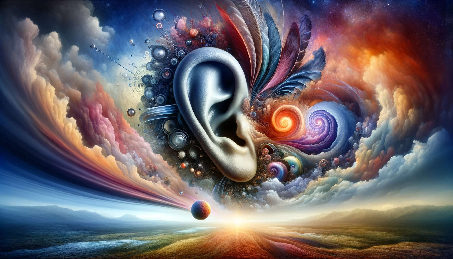 A giant ear floating in the sky in a strange futuristic world.