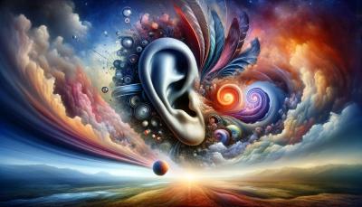 A giant ear floating in the sky in a strange futuristic world.