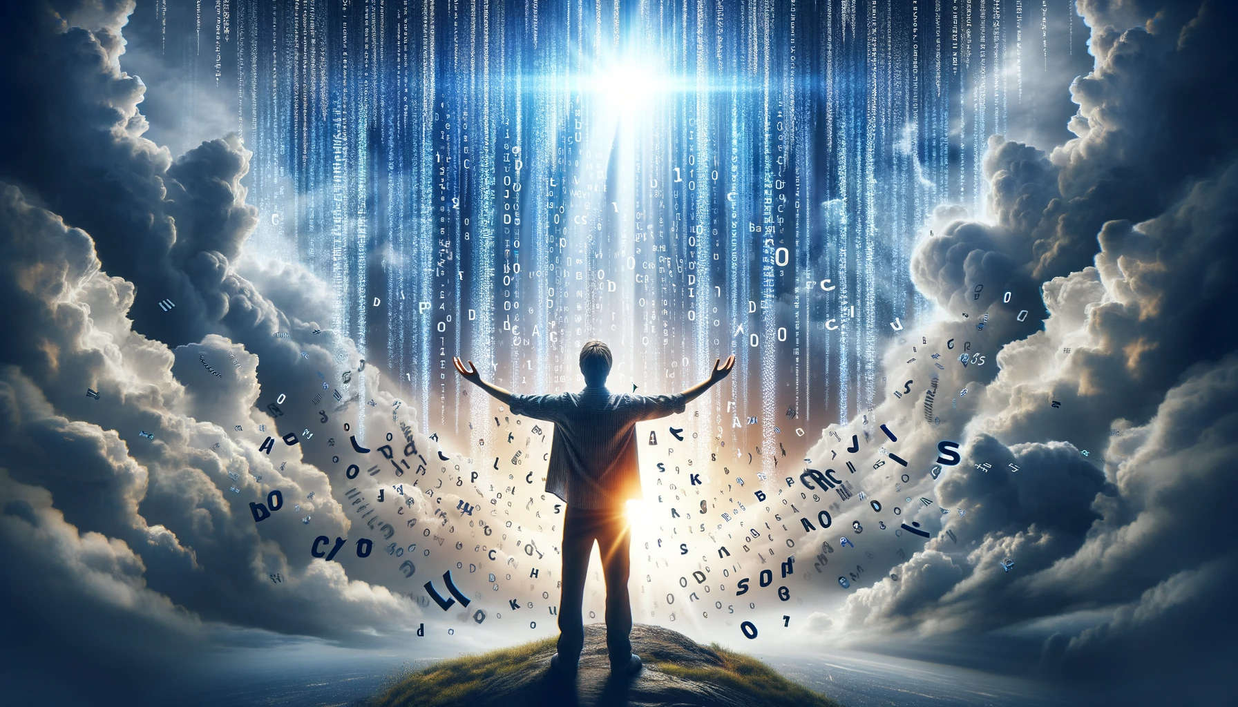 A person on top of a mountain with his arms spread opening the clouds, symbols are falling down the sky and he's looking at a bright bluish light.