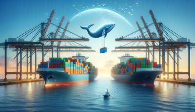 A whale flying in the sky moving containers between two enourmous boats loaded with containers.