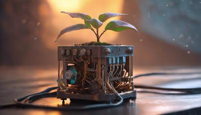 A plant growing out of a square piece of machinery.