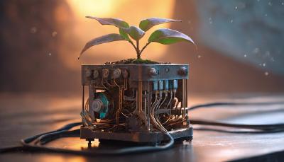 A plant growing out of a square piece of machinery.