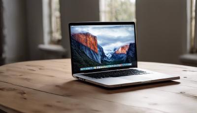 A portable laptop standing on a wooden table in a bright room.
