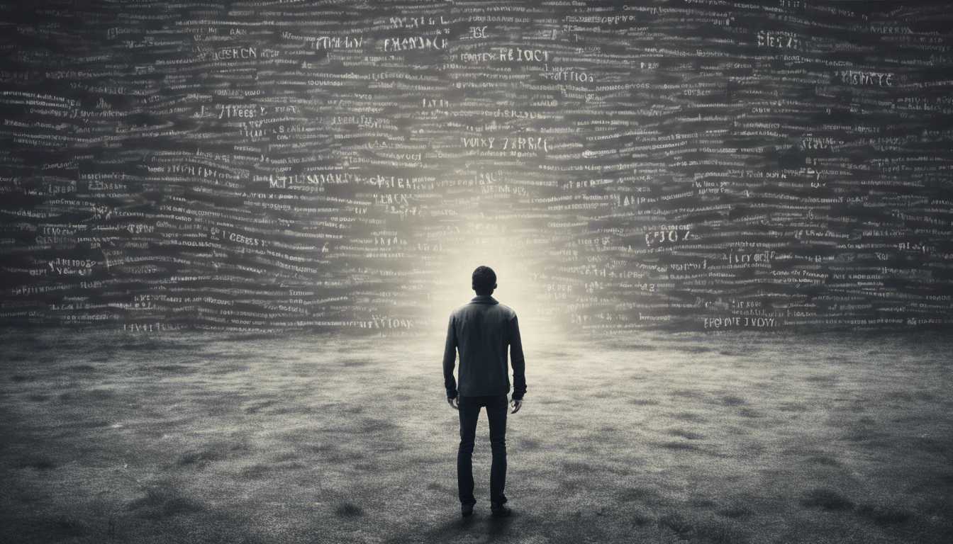 A person standing in a dark fog made up of strange symbols.