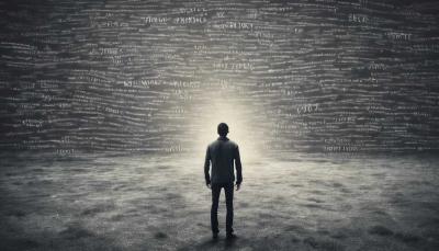 A person standing in a dark fog made up of strange symbols.