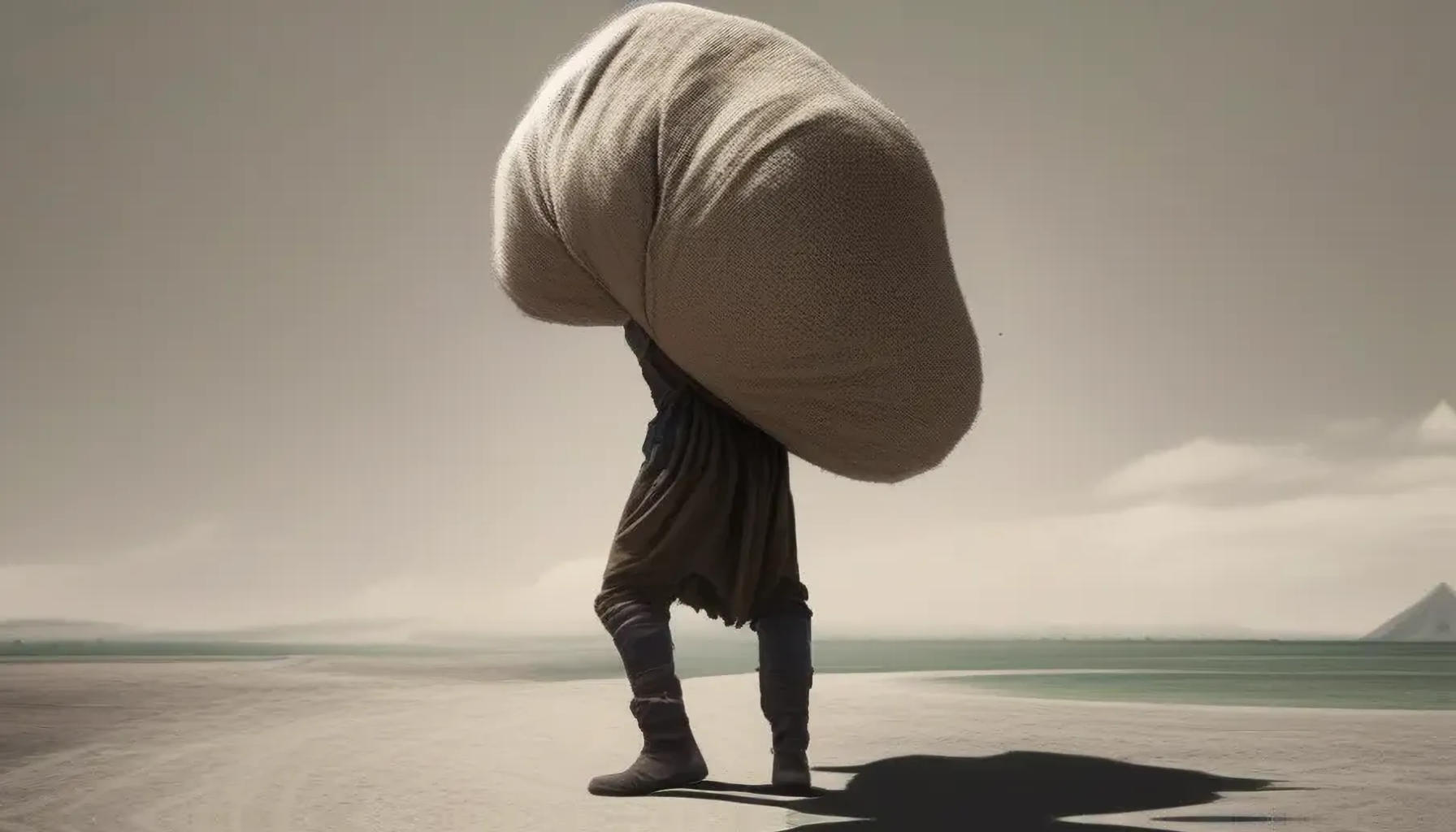 A person with a huge sack on his back surrounded by nothing.