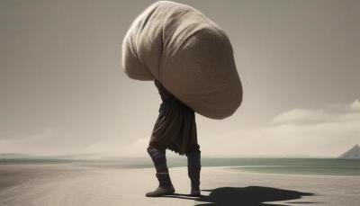 A person with a huge sack on his back surrounded by nothing.