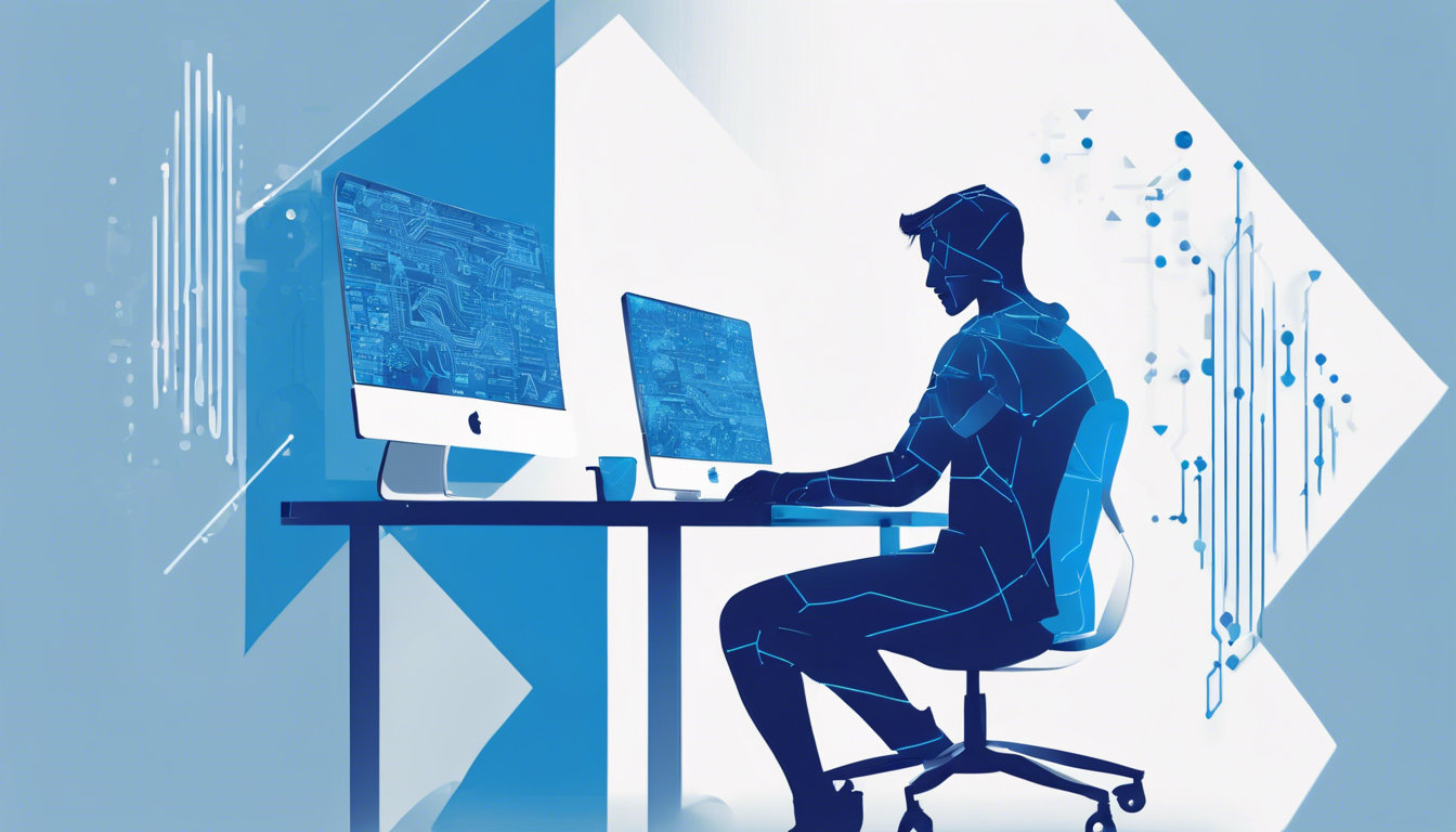 A software engineer sitting at his desk behind his computer.