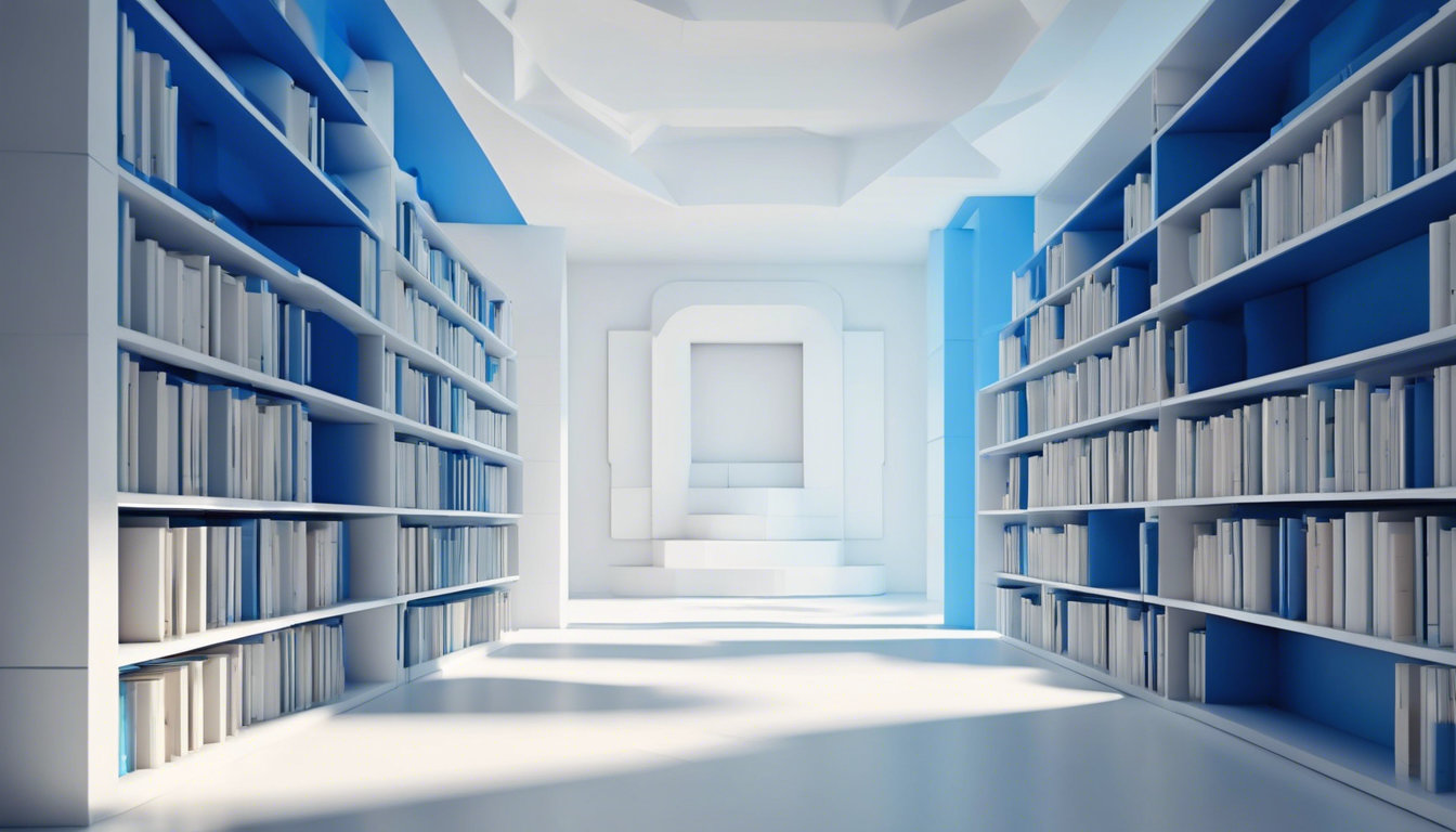 The inside of a 3d rendered library in the colours of blue and white.